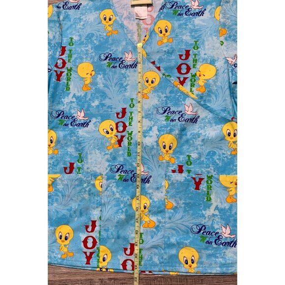 Looney Tunes Tweety Christmas Scrub Top Size S Blue Cartoon Print V-Neck Holiday - Picture 15 of 16